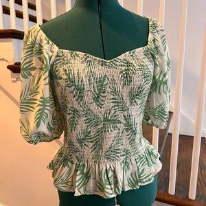 Green Leaf Print Smocked Top